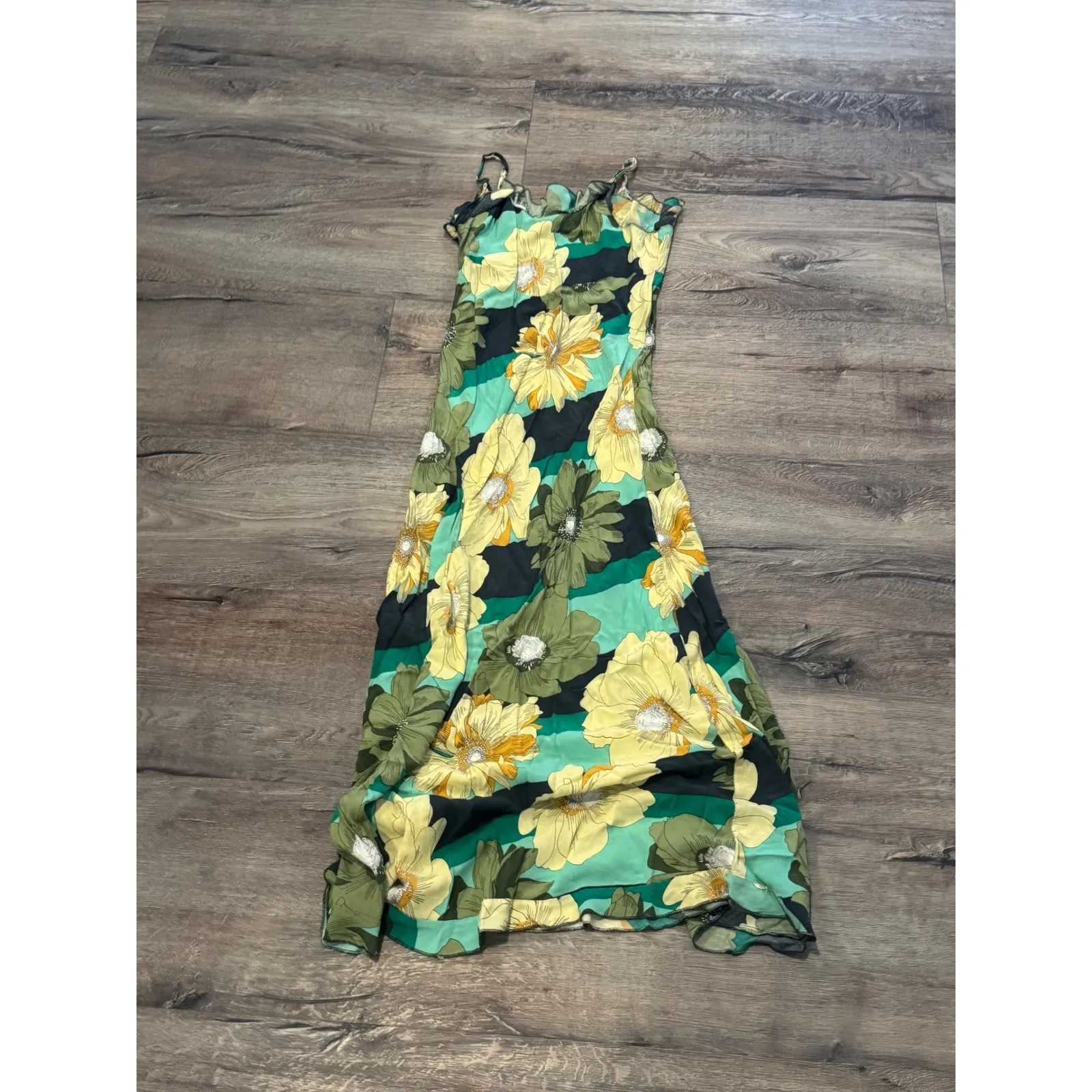 ONeill Floral Maxi Dress Green Yellow Black Ruffle Straps Long dress M - Image 7