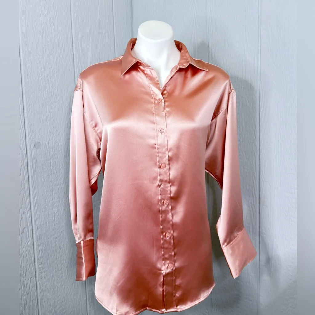 H&M Satin Button-Down Shirt in Blush - Image 2
