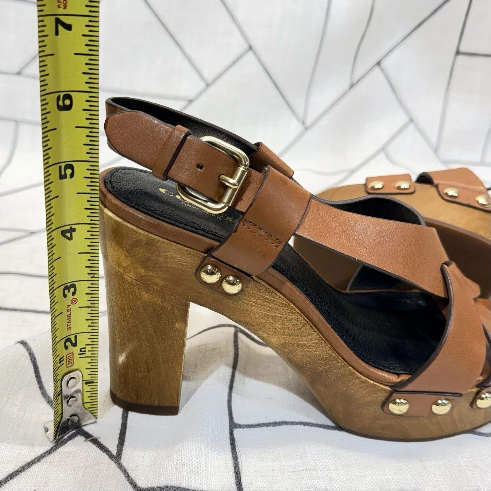 Coach Adessa Sz 7M Womens Studded Wood Clog Sandals Brown Leather 70s 80s Vibe - Image 7