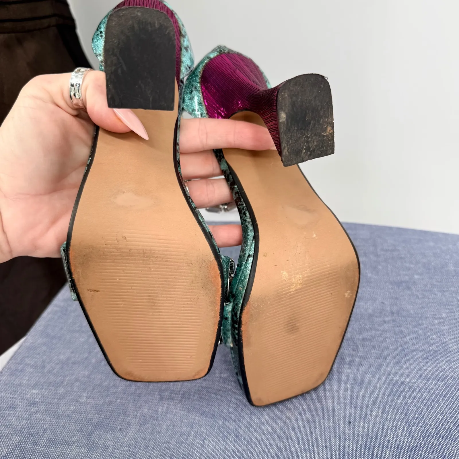 Betsy Johnson Emani 8M Rhinestone Snake Print Heels Square Toe Ankle Strap Prom - Image 6