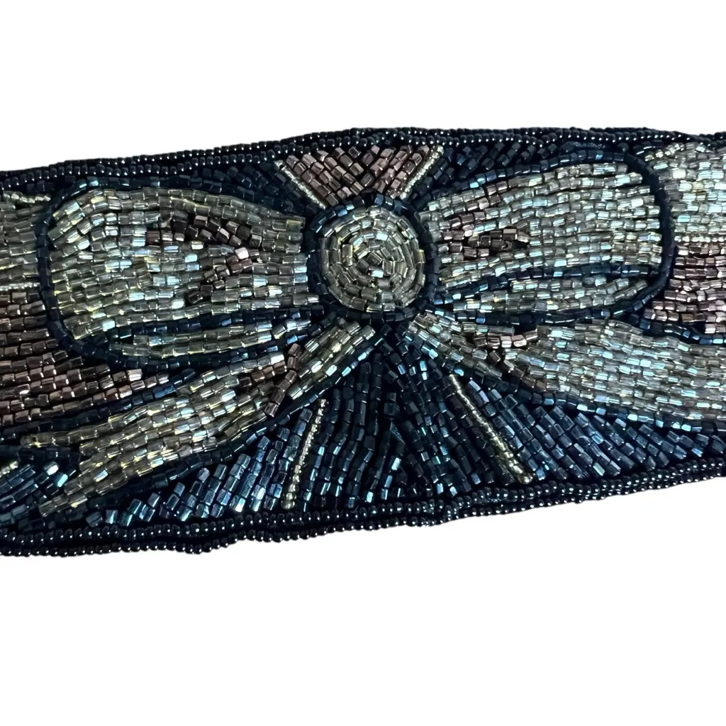 VTG 90s Hand Beaded Tie Belt Art Deco Boho Waist Sash Black Gold Destinee Glam - Image 4