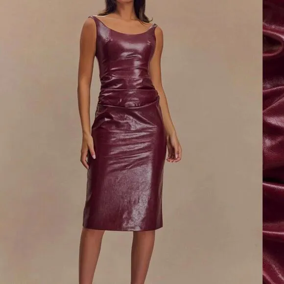 Meshki Sonia Faux Leather Midi‎ Dress • Cherry Red • S • NWT - Image 2