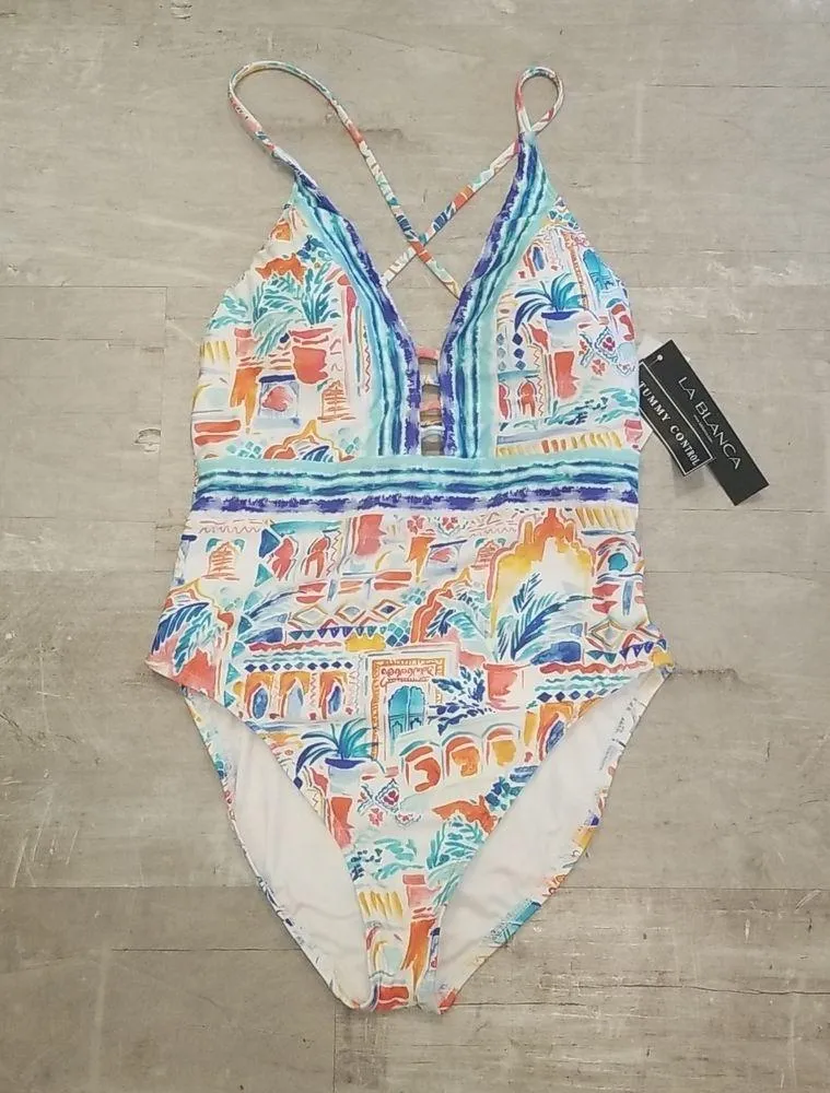 💕LA BLANCA💕 Terra Print Plunge Neck One-Piece Swimsuit ~ 10 Tera Italia NWT - Image 8