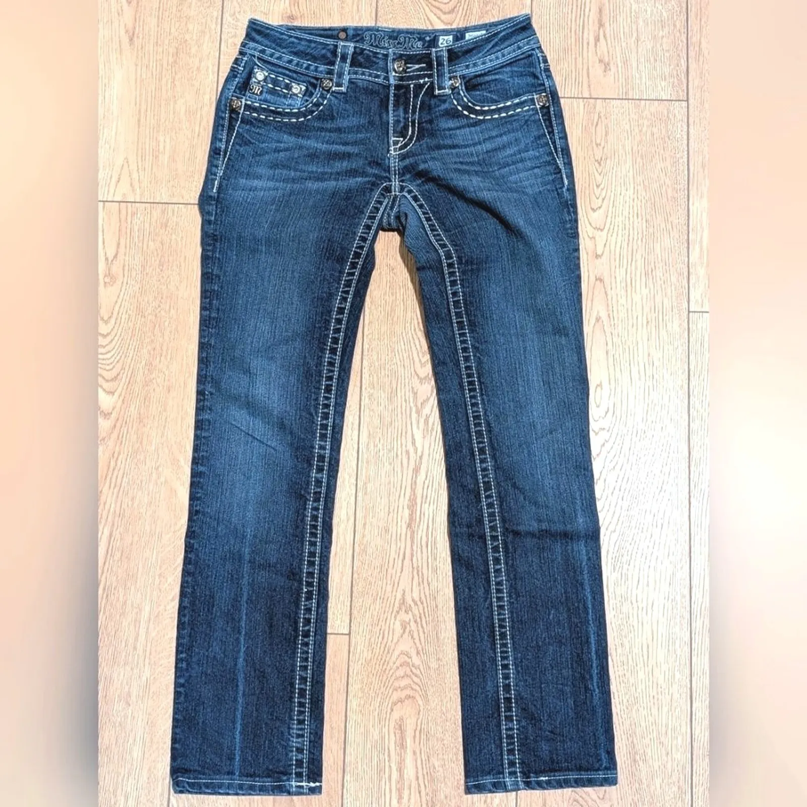 MISS ME Straight Jeans Womens 26 BLING Rhinestones Crystals Faded Wash Denim - Image 3