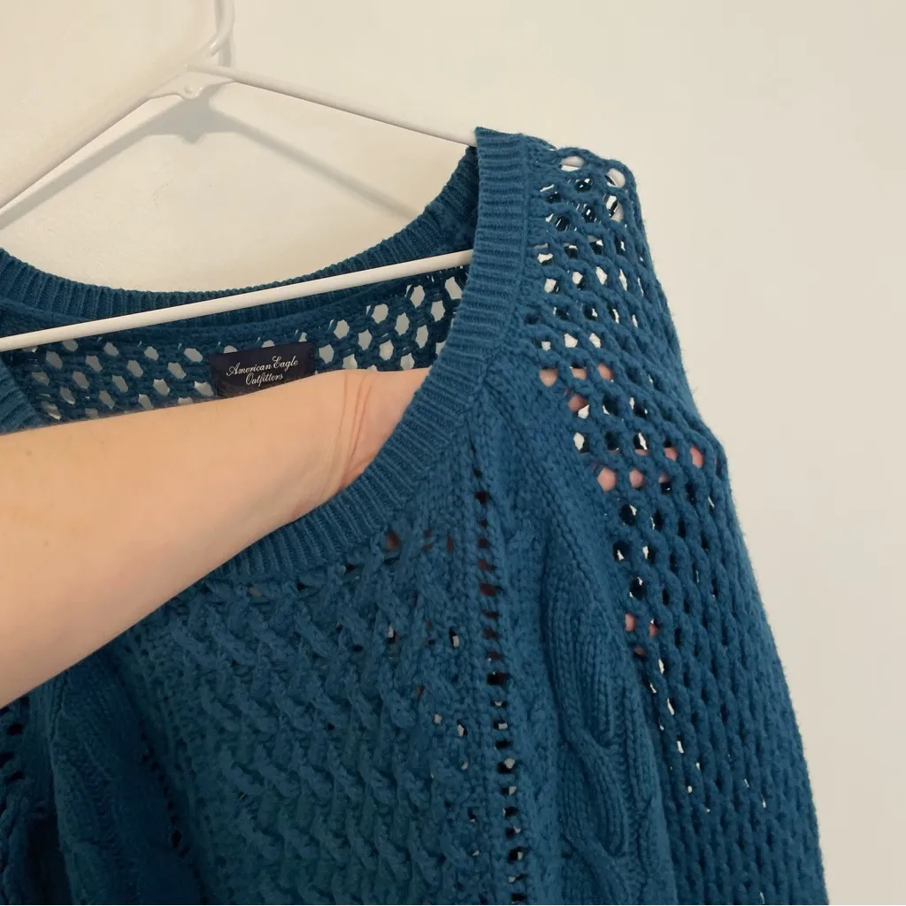 AMERICAN EAGLE AEO AE Teal Blue Open Weave Cable Knit Scoop Neck WOOL Sweater L - Image 5