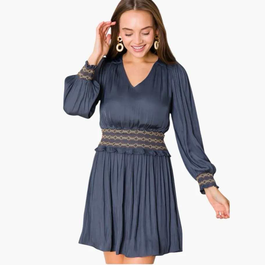 Current Air Stitch Smocking Silk Dress in Navy Blue W2054 Sz XS - Image 2