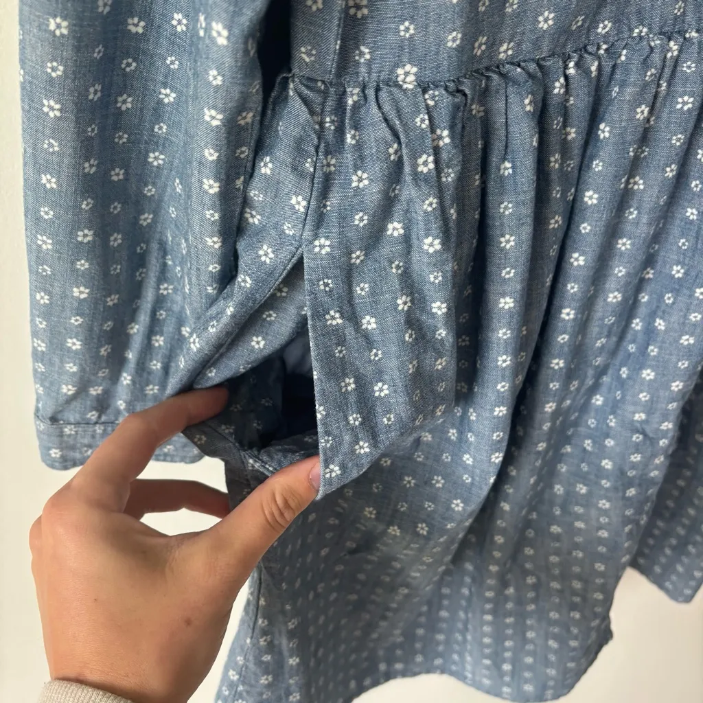 J. Crew Blue Denim Chambray Mini Shirt Dress Long Sleeve Dainty White Flowers - Image 4