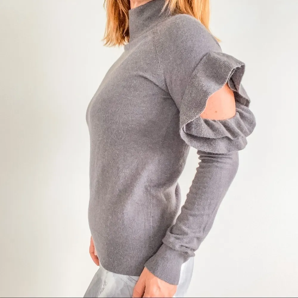 Chelsea28 Grey Ruffle Sleeve Shoulder Cut Out Sweater - Image 3