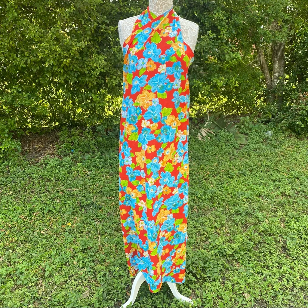 Vintage 1970s Hilo‎ Hatties Full Length Red Hibiscus Print Sarong Multi Use OS Size undefined - Image 2