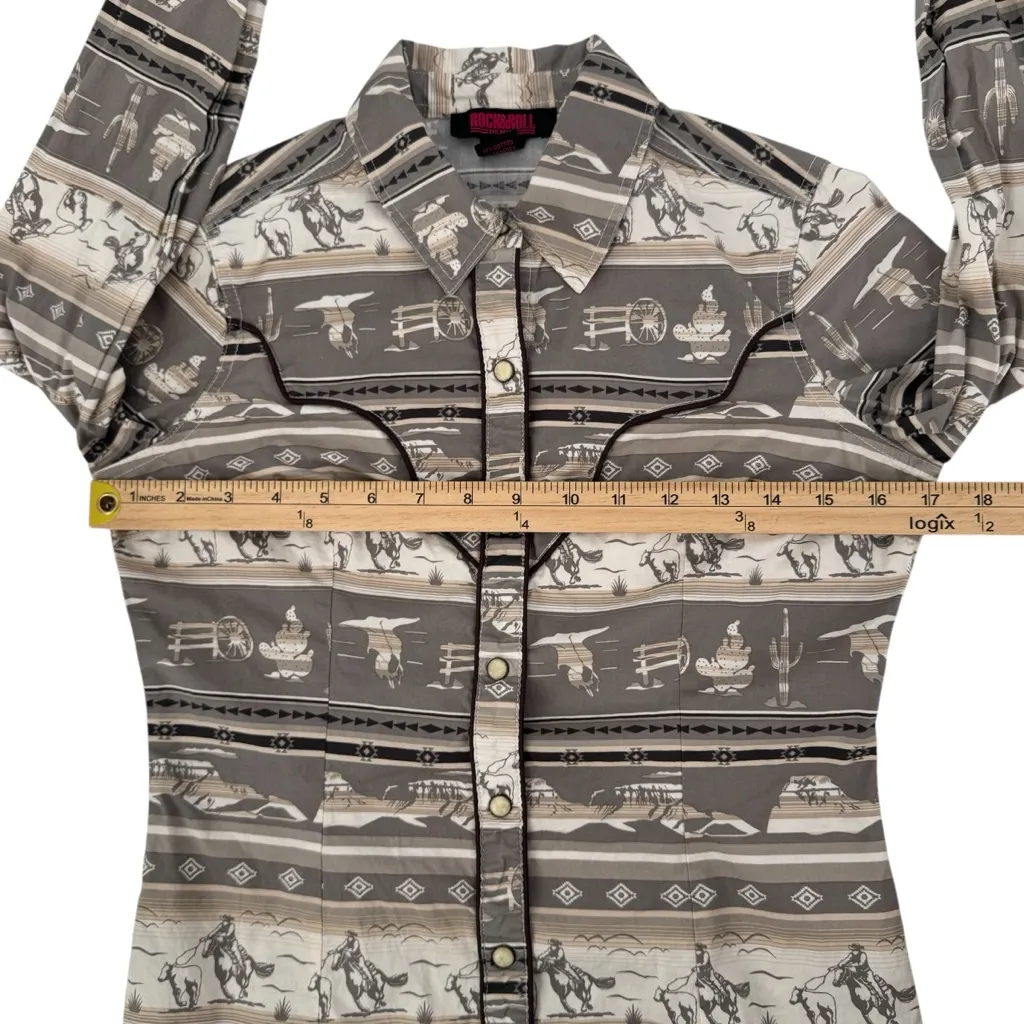 Rock & Roll Denim Western Patterned Rodeo Button Down Snap Long Sleeve Shirt XS Brown - Image 9
