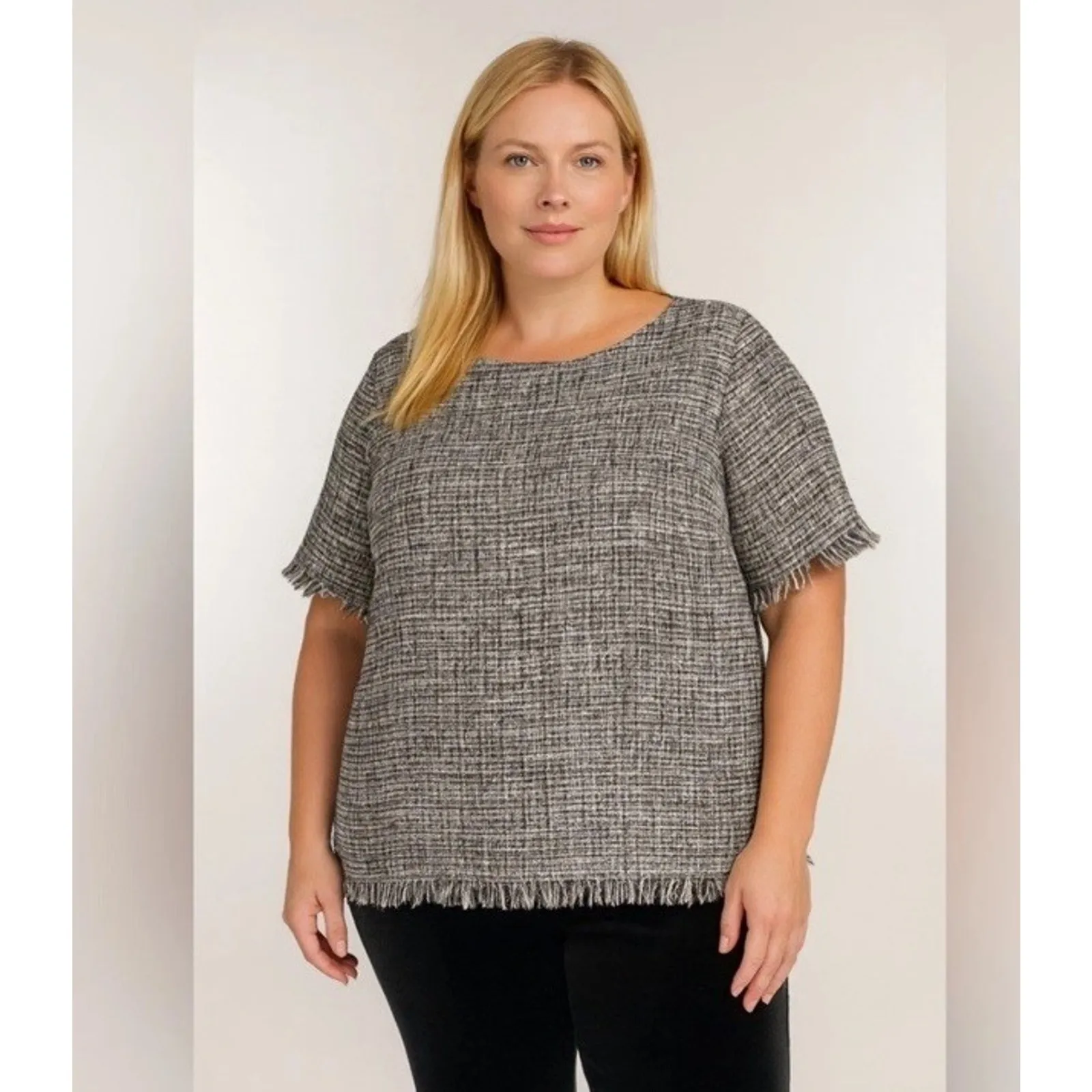 Maree Pour Toi Blouse Tweed Size 14 Black White Gold Fringe Business Casual NWT - Image 7