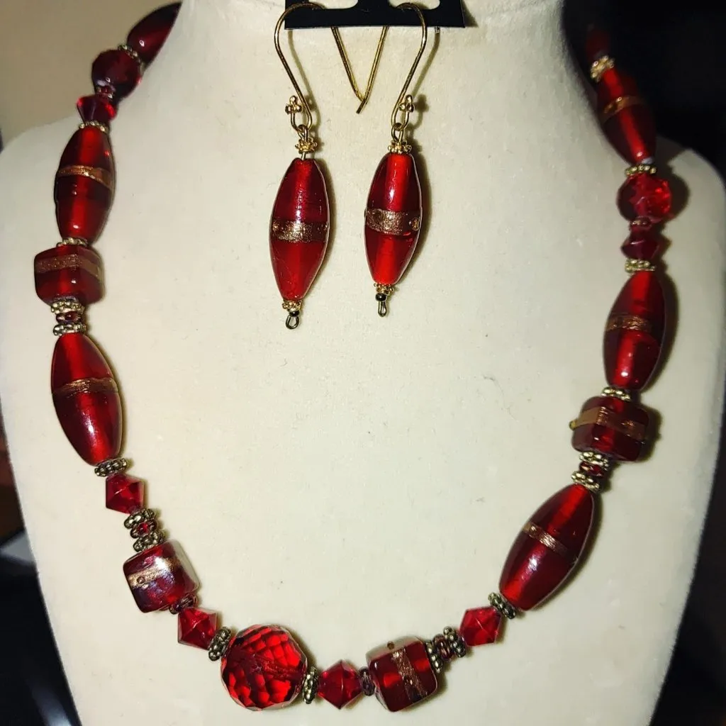 Red Murano Glass Necklace Earrings Vintage Set Gold Accents 17 Inch French Hook - Image 12