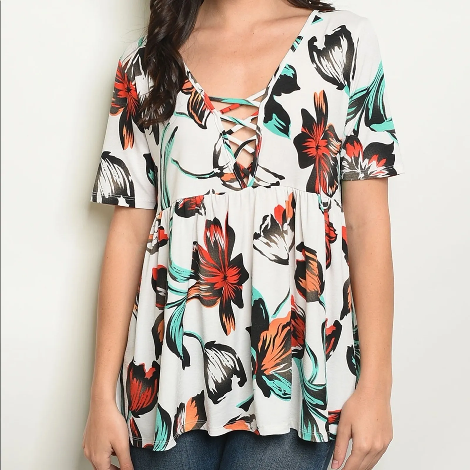 Floral Top Lace Up Short Sleeve - Image 2