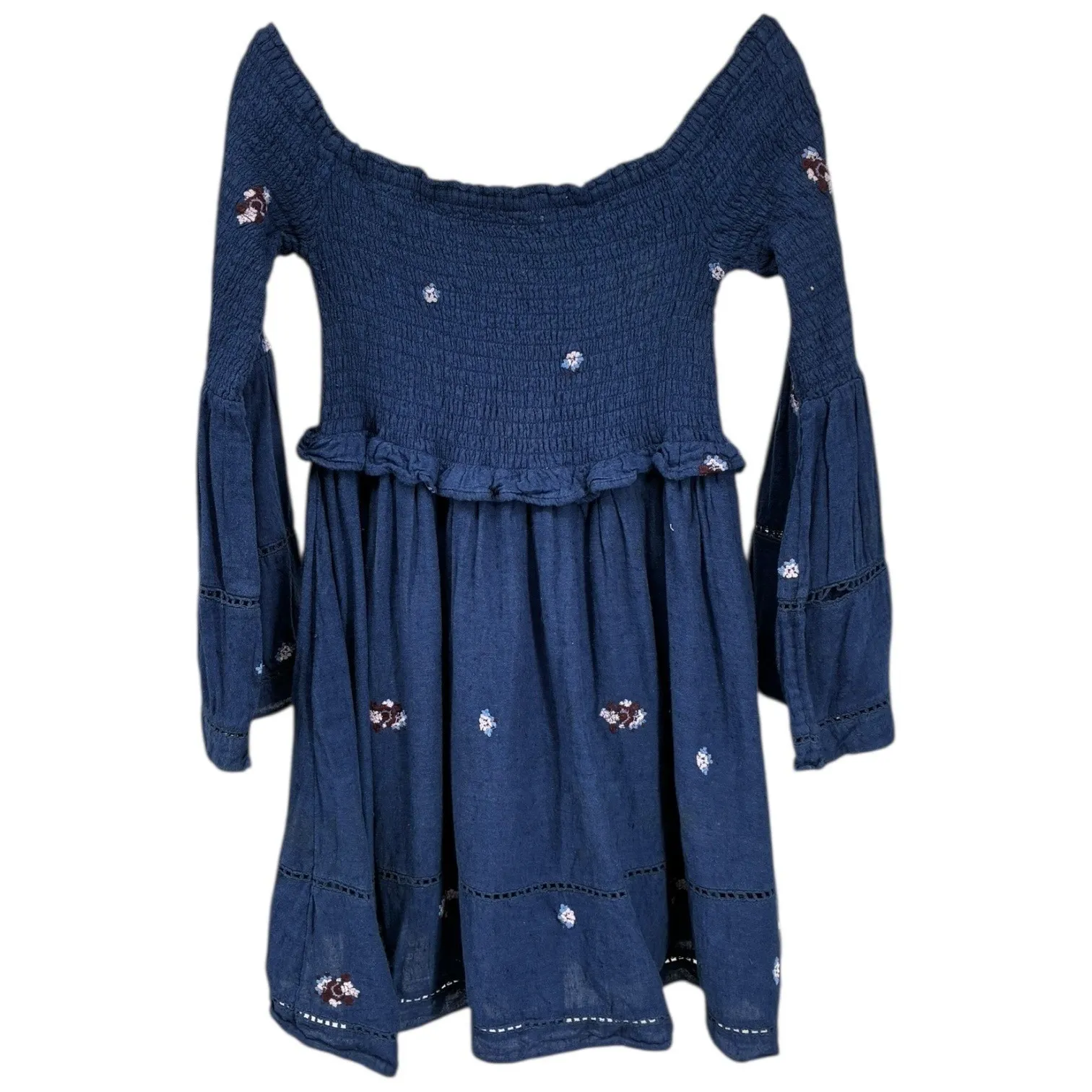 Free People Boho Smocked Dress Navy Off Shoulder Medium - Image 6
