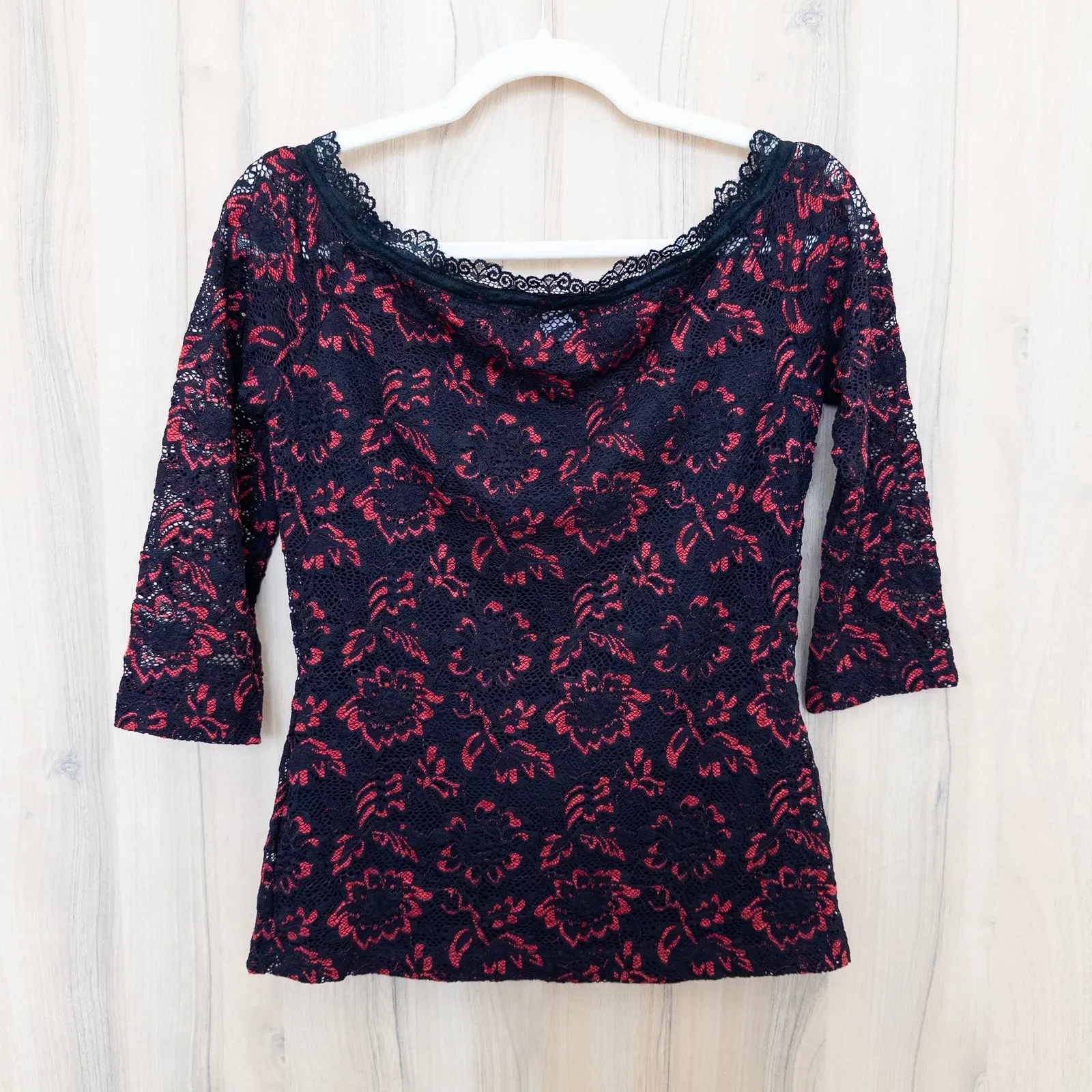 Y2K Venus Womens Lace Off Shoulder Top Size S Black Red Whimsigoth Dark Romantic - Image 6