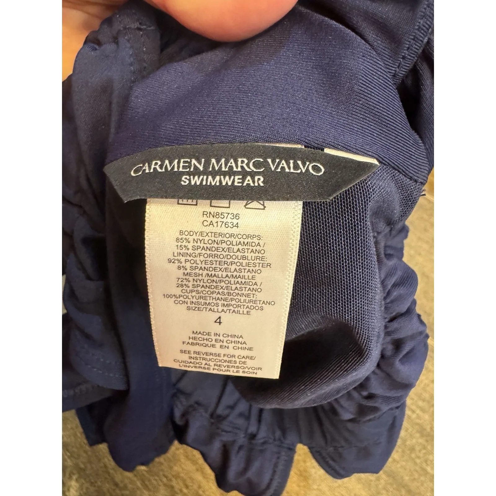 $156 Carmen‎ Marc Valvo Plunge-Neck Ruched One-Piece Swimsuit, Maritime Size 4 - Image 9