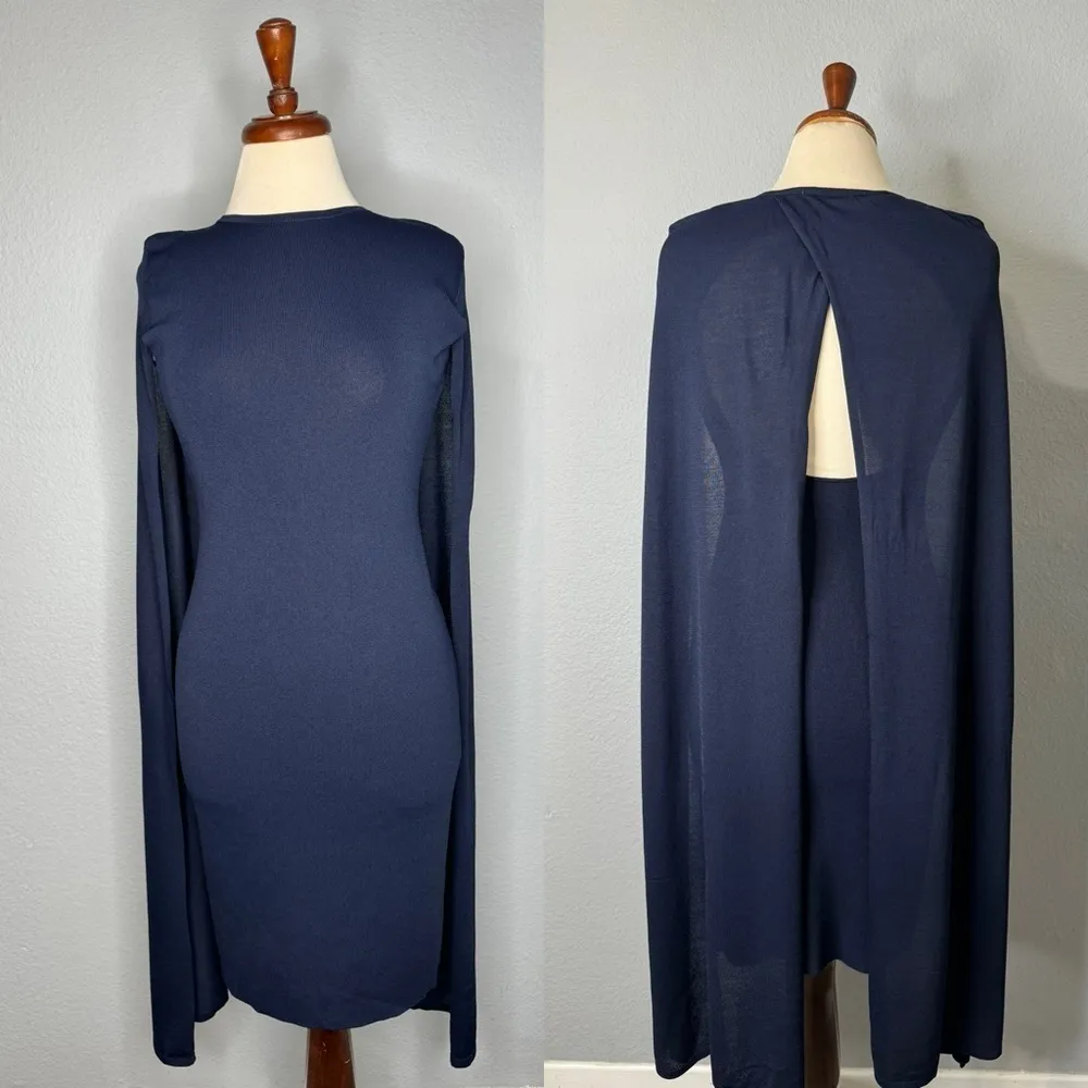 ZARA‎ New Navy Blue Elegant Round Neck Knit Cape Dress Slit Long Sleeves Size S - Image 2
