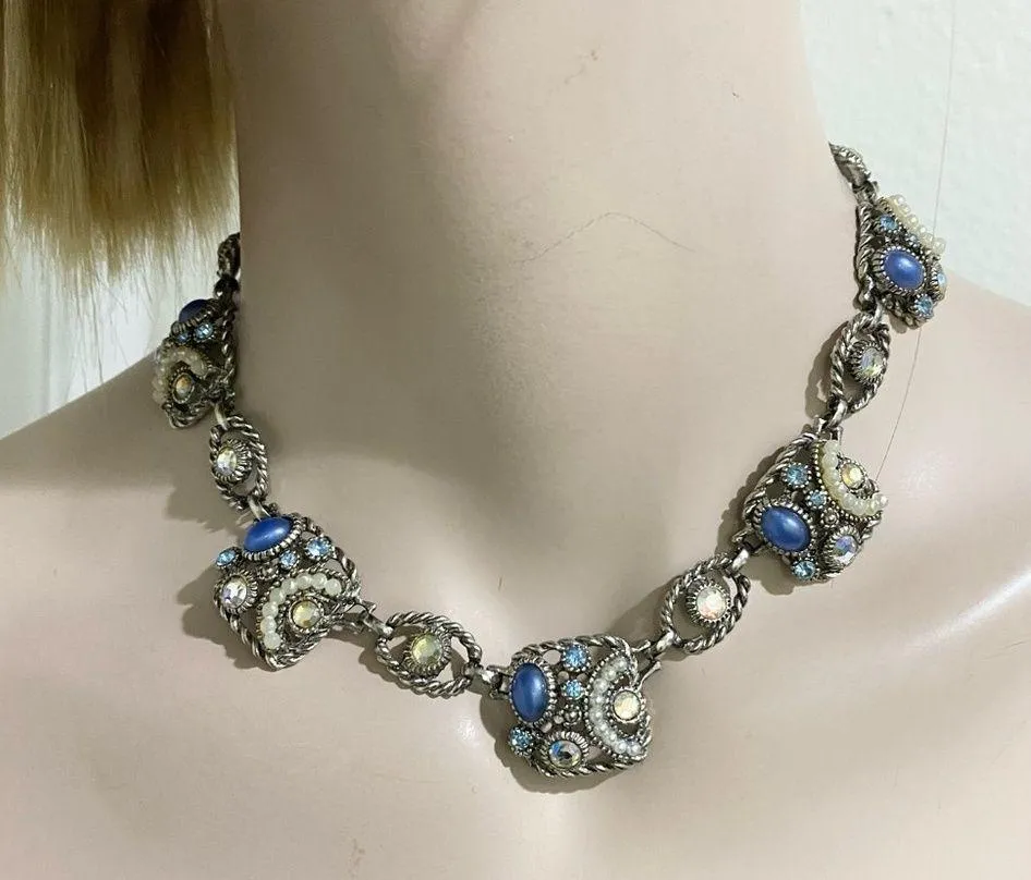 Vintage SELRO Blue Stone Rhinestones Faux Pearl Victorian Style Necklace - Image 3