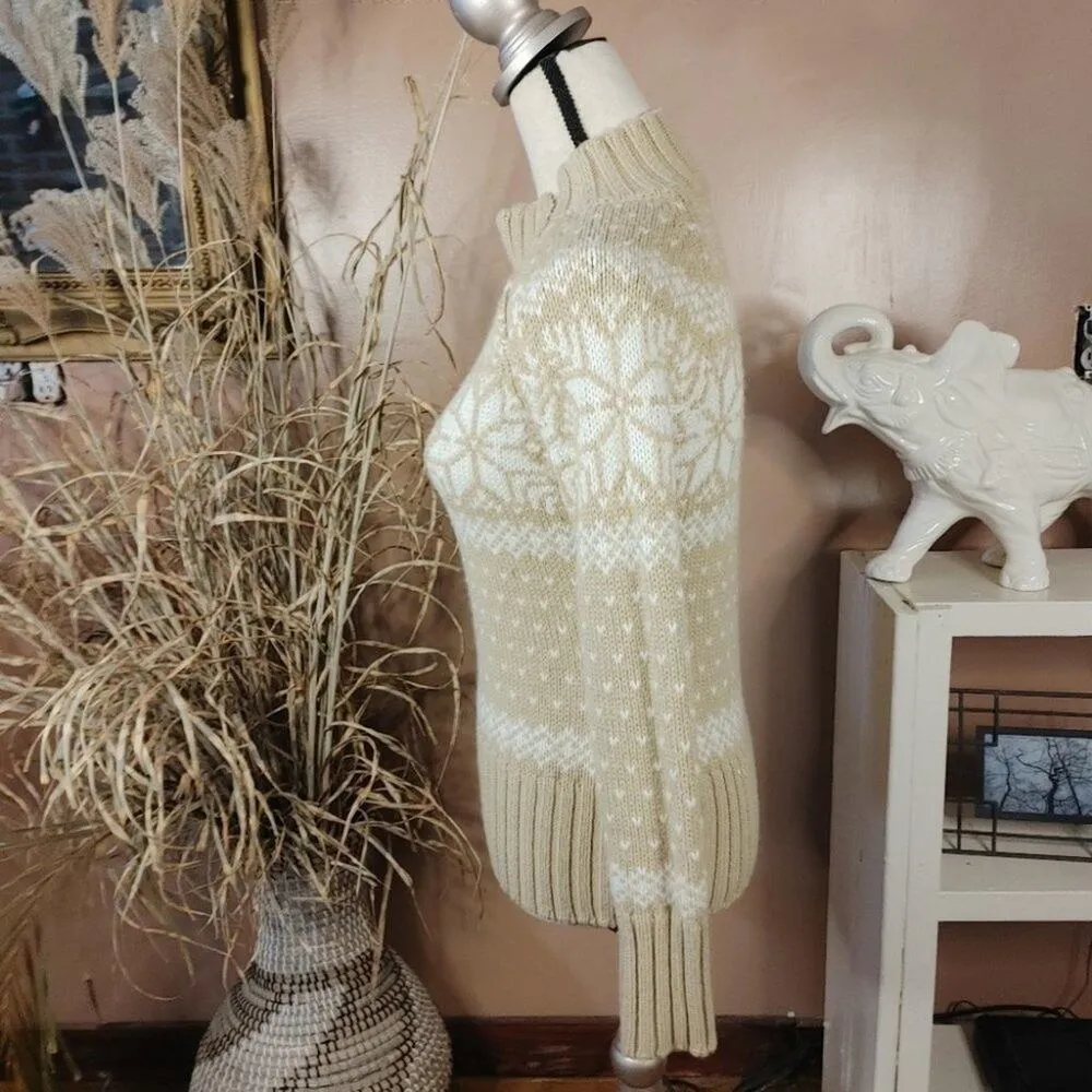 RN 59466 Tan Heart Neck Zipper Sweater Size Medium M Acrylic Snowflake - Image 10