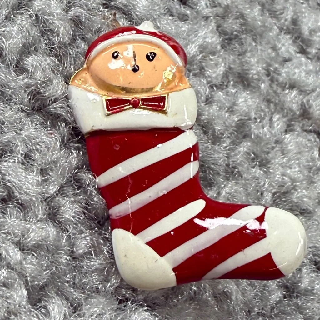 Vintage Santa Christmas Stocking Enamel Brooch Pin Red White Stripe Gold Accents - Image 11