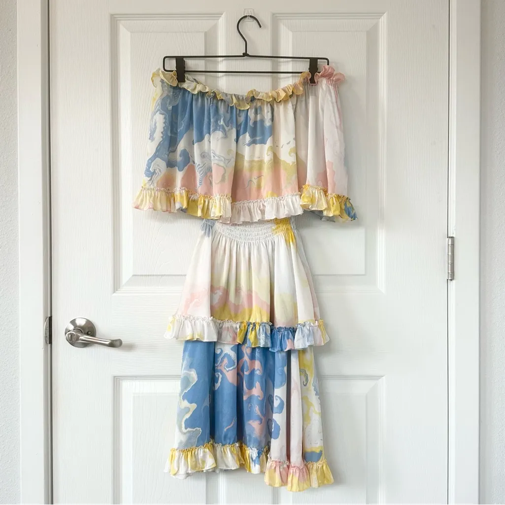 Anne Fontaine Ceramic Silk Watercolor Off the Shoulder Ruffle Mini Dress Blue Size XS - Image 5