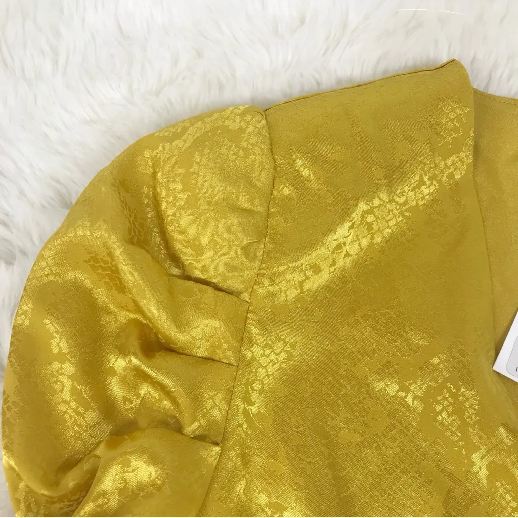 WAYF Sav Yellow Gold Snake Print Bodysuit Low Cut Long Puff‎ Sleeve Medium New - Image 9