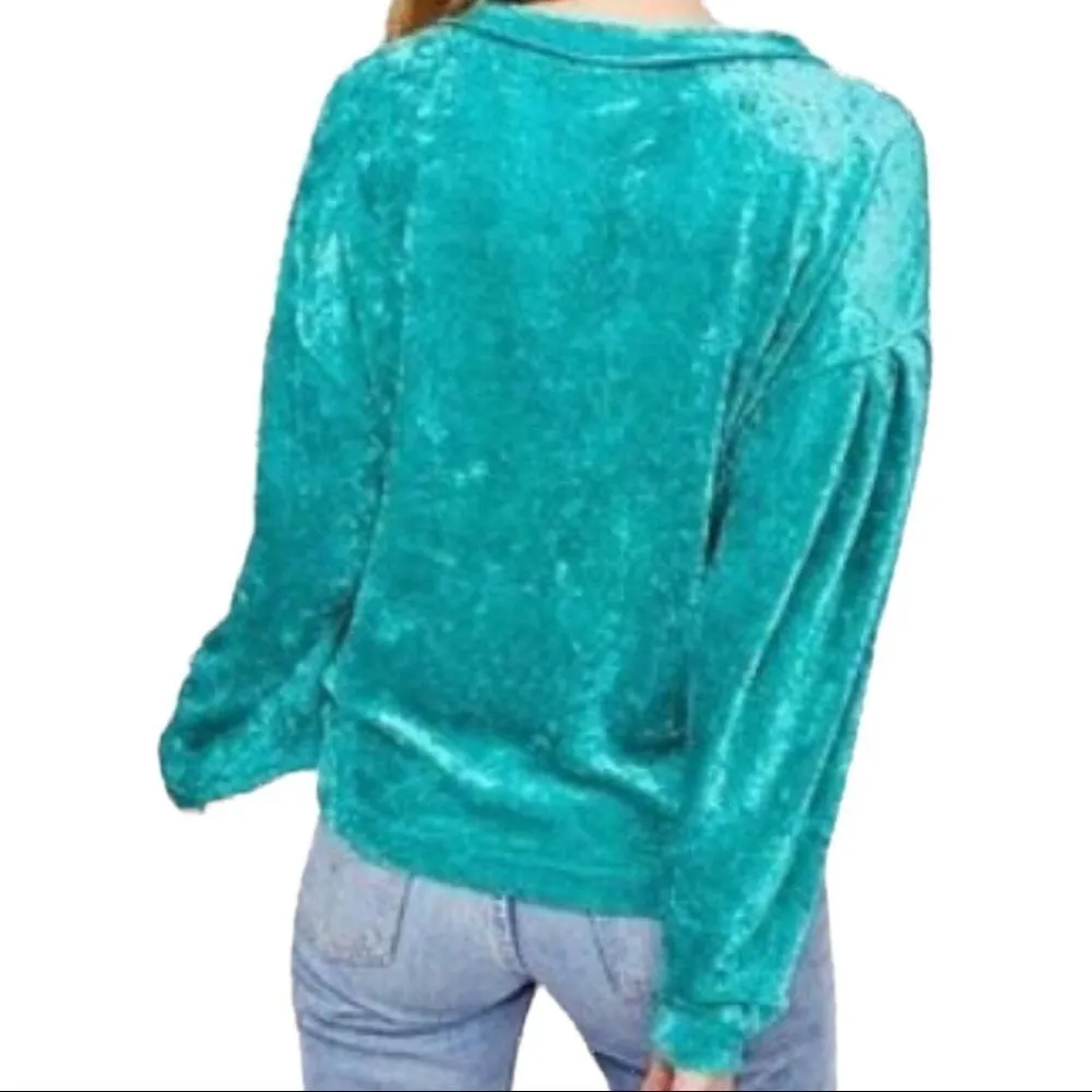 We the Free Milan Top Teal Crushed Velvet Sweatshirt Sweater Long Sleeves - Image 2