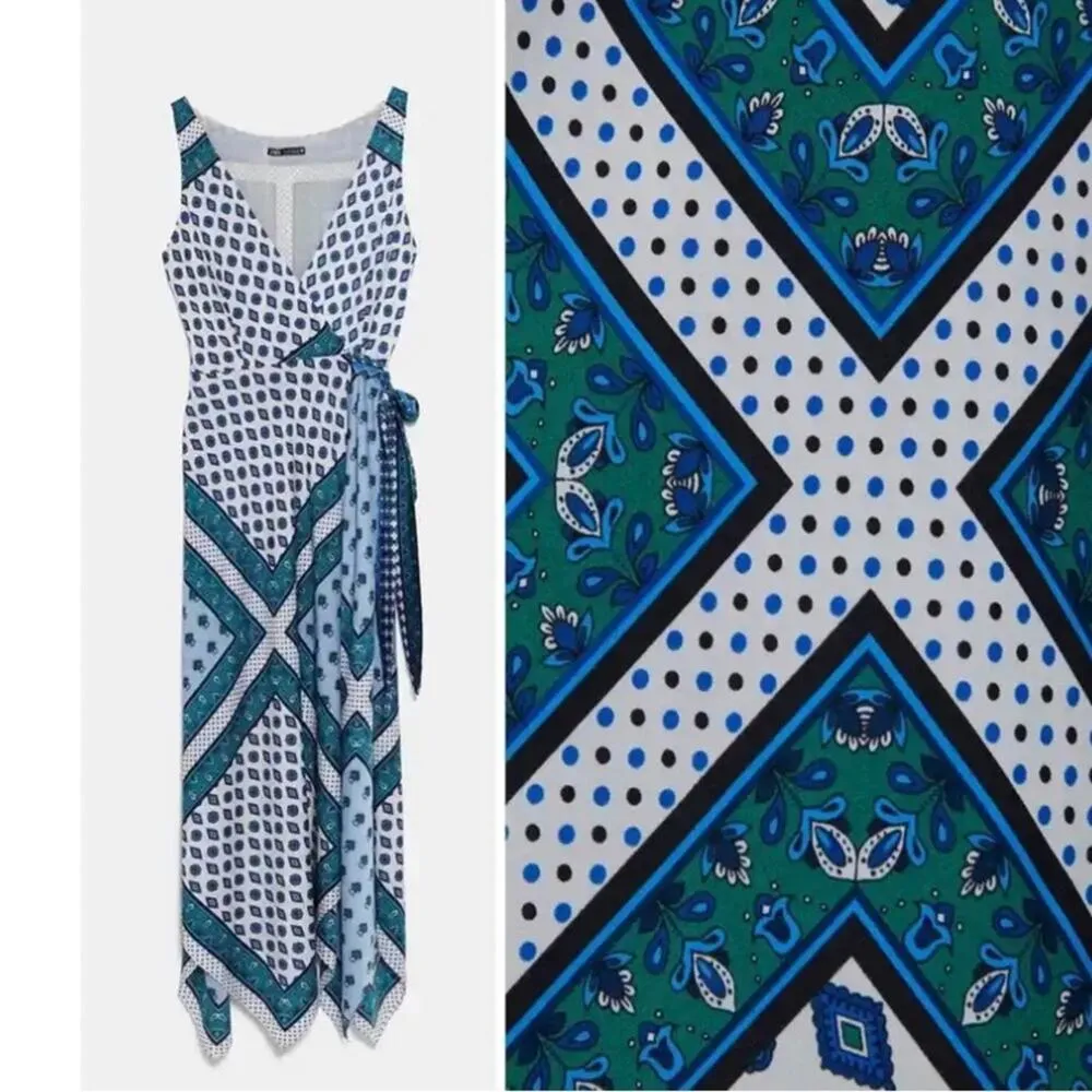 Zara Hanky Scarf Bandana Print Flowy Assymetrical Wrap Midi Dress Blue size XS - Image 5