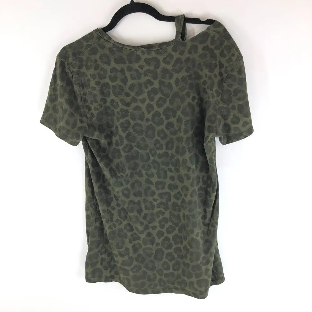 Pam & Gela Womens T Shirt Distressed Leopard Print Olive Green M - Image 2