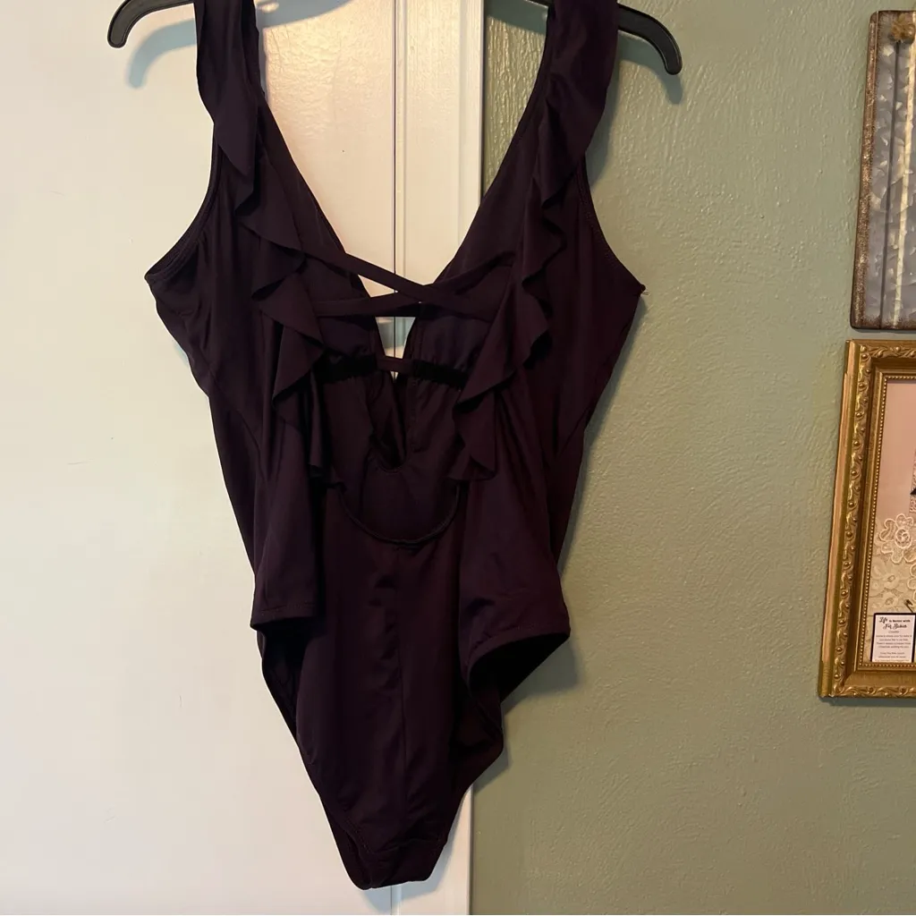 Shade & Shore Womens Tall XS Long Torso Ruffle Plunge One Piece Swimsuit Purple - Image 2