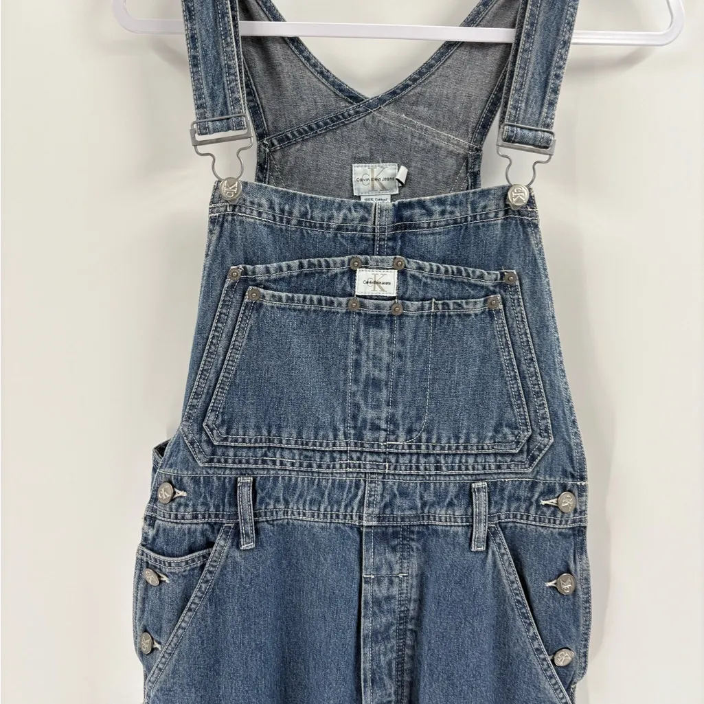 Calvin Klein 90s 2000s Y2K wide leg bib CK Jean denim blue overalls size small - Image 4