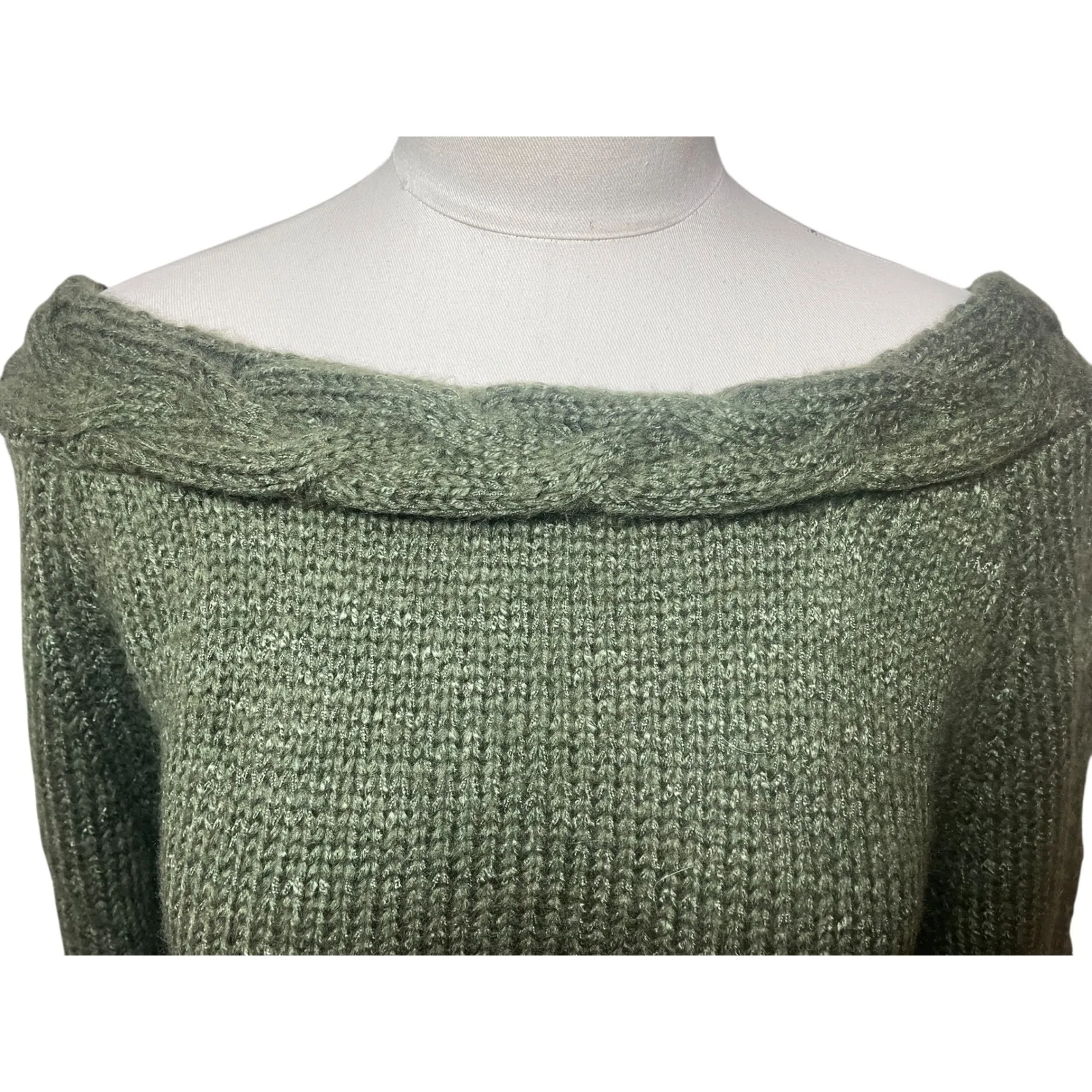 Easel Olive Fuzzy Off Shoulder Sweater Boutique Boho Medium NWOT Green - Image 3