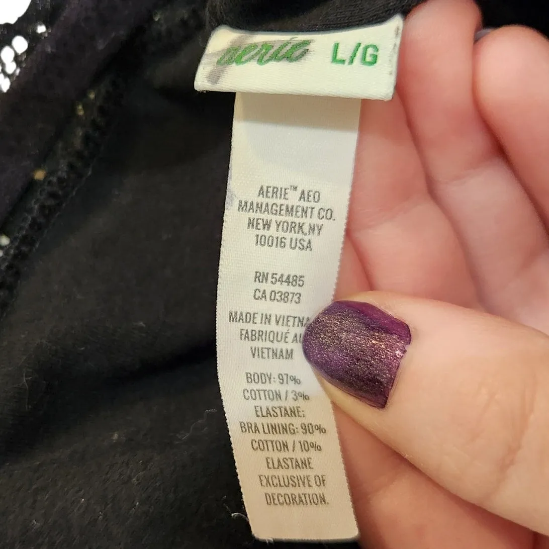 Aerie True Black Stretch Unpadded Pointelle Lace Trim Longline Bralette Large - Image 6