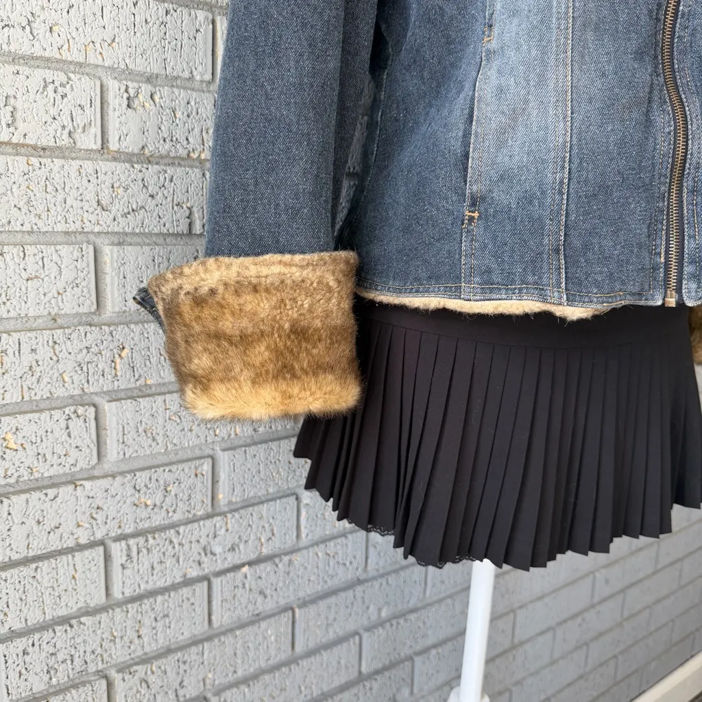 Vintage Y2K Women’s Giacca denim jacket w/ fur trim Size Large Bratz Winter Jean Blue - Image 5
