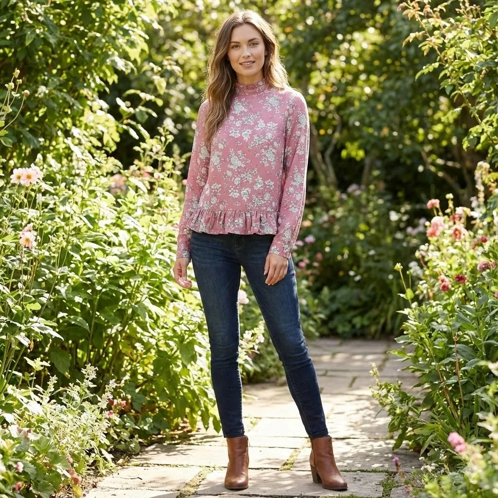 Code Mode Top Pink Ruffle Mock Neck Floral - Image 2