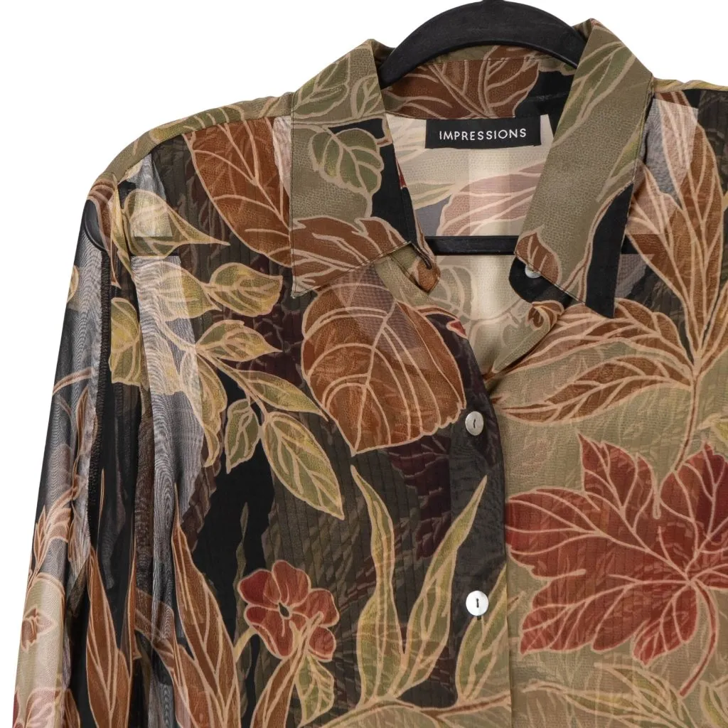 Impressions Sheer Blouse Tank Set L Women Floral Button Up Green Red Brown Fall - Image 2