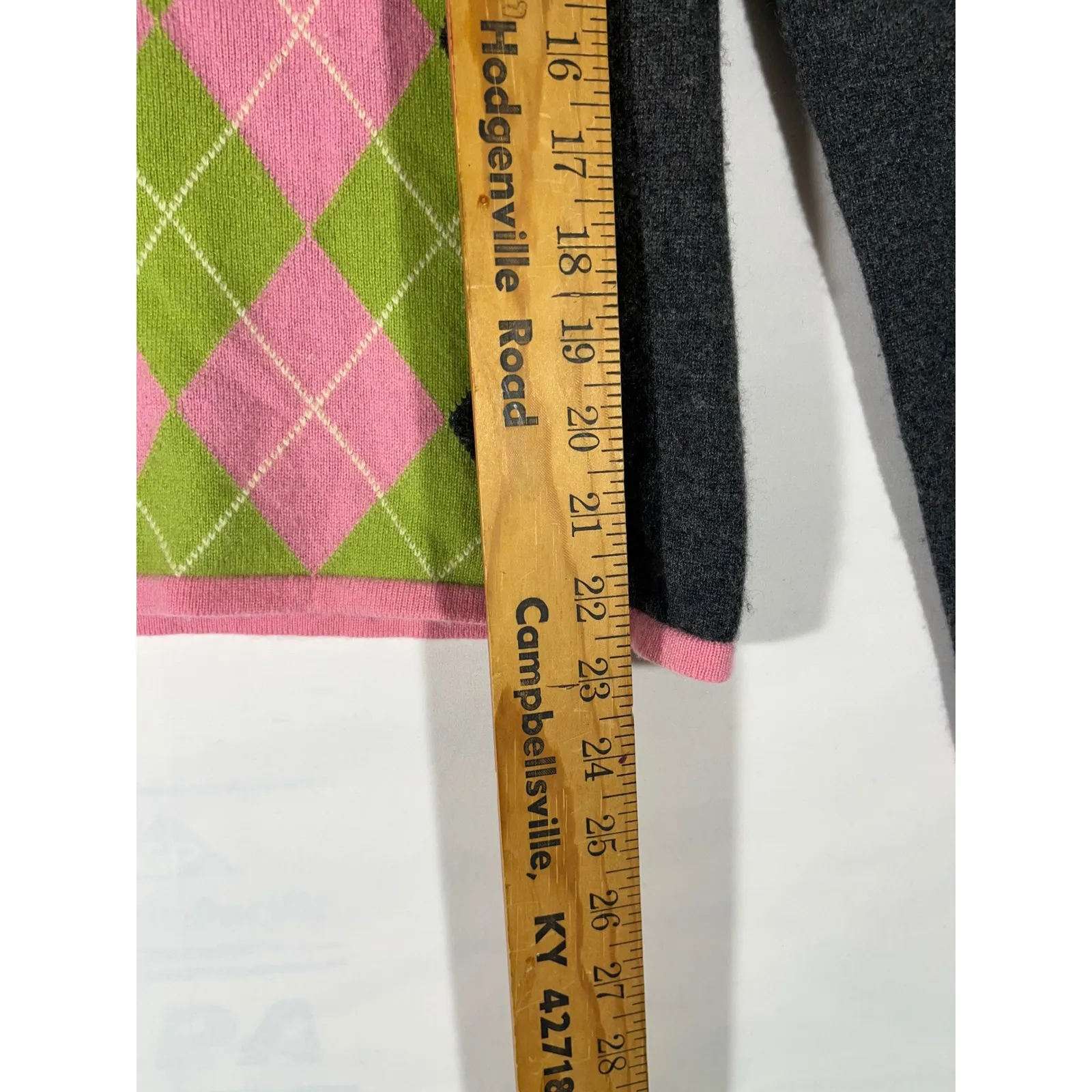 Qi Cashmere Women Argyle Sweater Long Sleeve Quite Luxury Gray/Green/Pink Sz M Gray Size M - Image 3