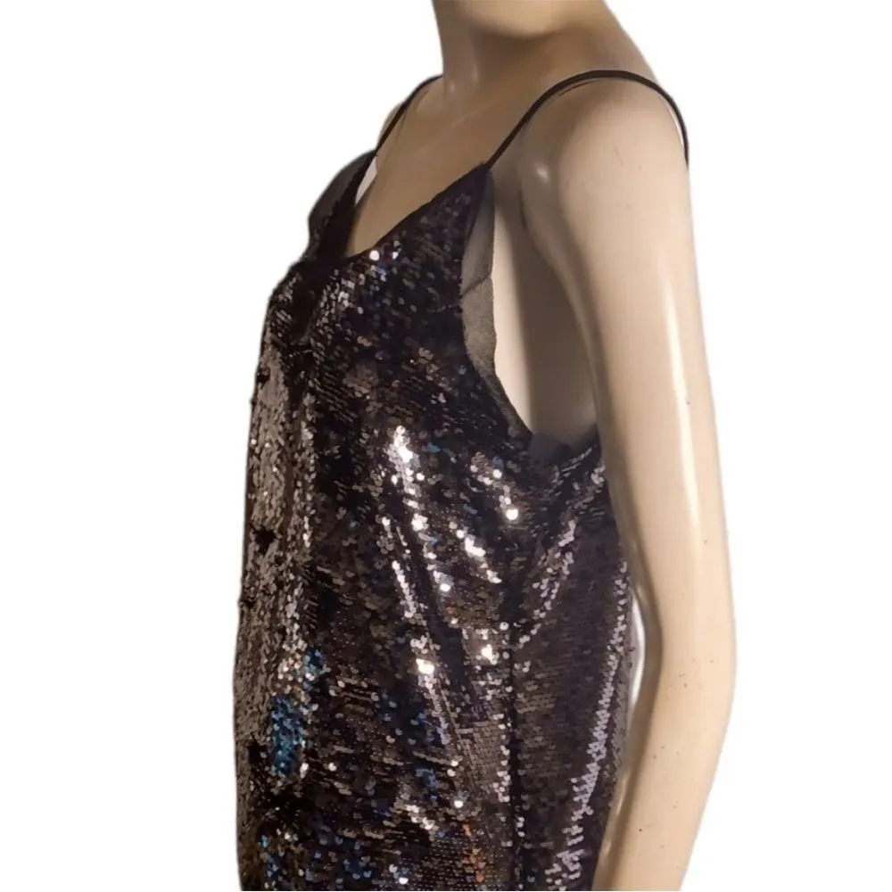 WDNY Cami Sequin Party Top Spaghetti Straps V Neck Size M Metallic NWT Black Size M - Image 4