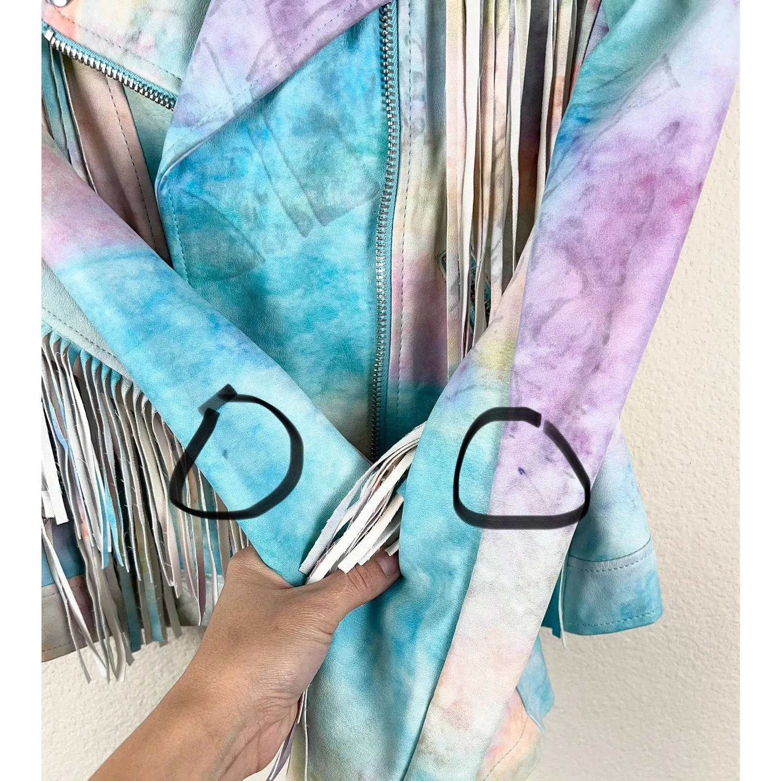 BLANK NYC Tie Dye Faux leather S Fringe Moto Jacket Pastel Multicolor Blue - Image 7