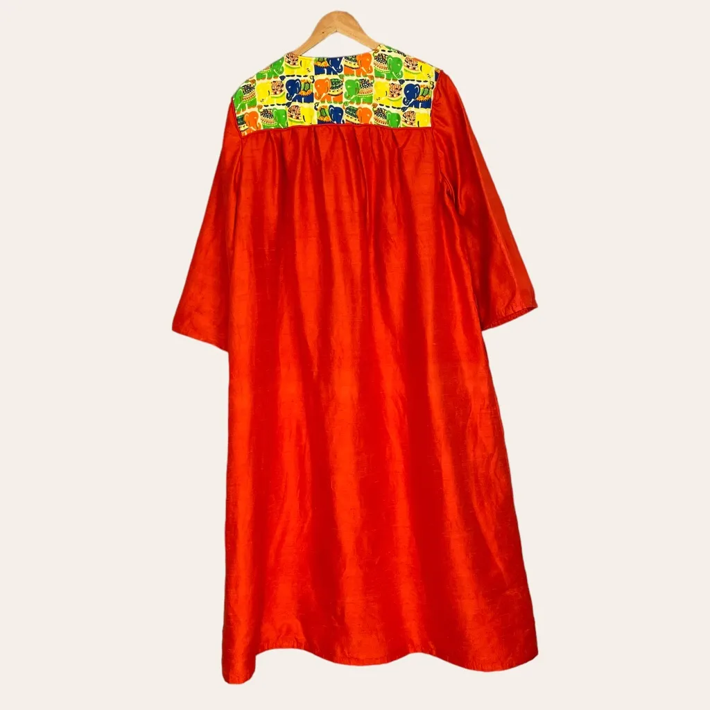 Vintage Caftan Dress Maxi Women Kaftan Muumuu Elephants‎ Reddish Orange Zip - Image 3