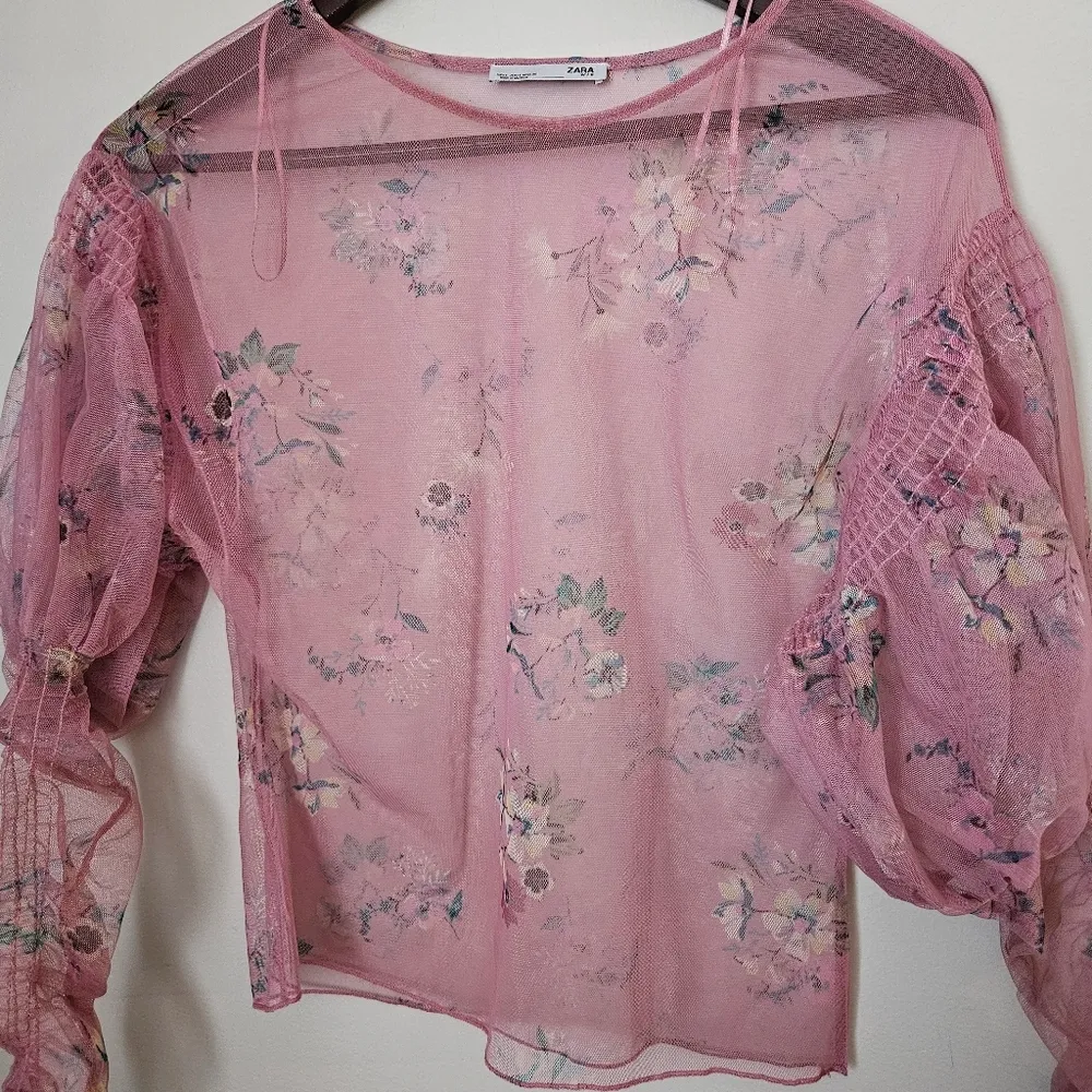 Zara Blouse Tulle Sheer Floral Pink Puff Sleeves Long Sleeve Casual Crewneck - Image 3