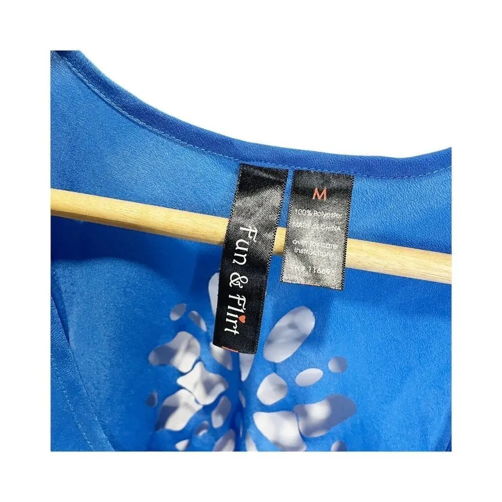 Fun & Flirt Women's Blue Sheer Floral Cutout Sleeveless Shirt Sz M Casual - Image 5