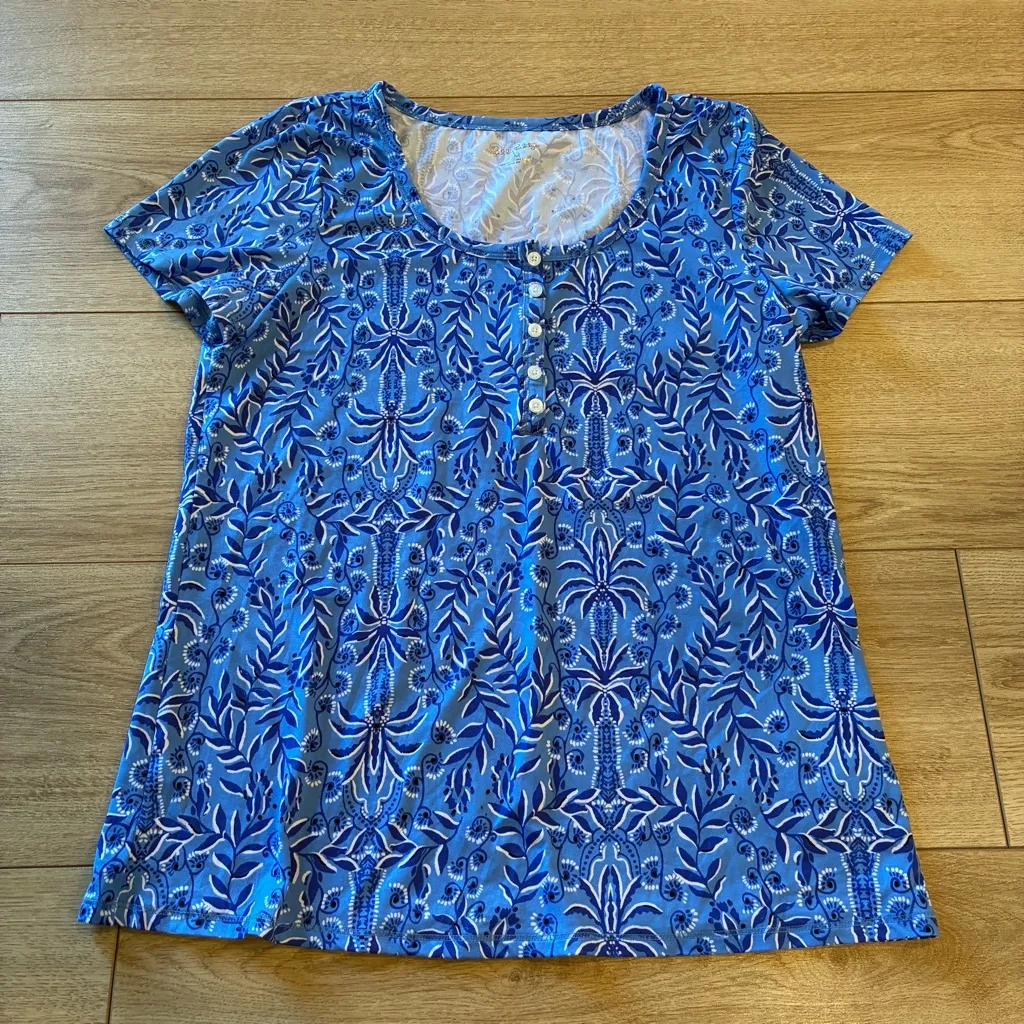 Lilly Pulitzer Have It Both Rays Henley Short Sleeve Pajama Top Blue Size M - Image 2