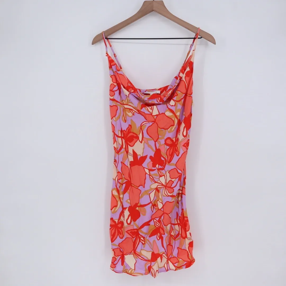 Olivaceous Floral Print Cowl Neck Slip Mini Dress Orange Purple Women's Size L - Image 2