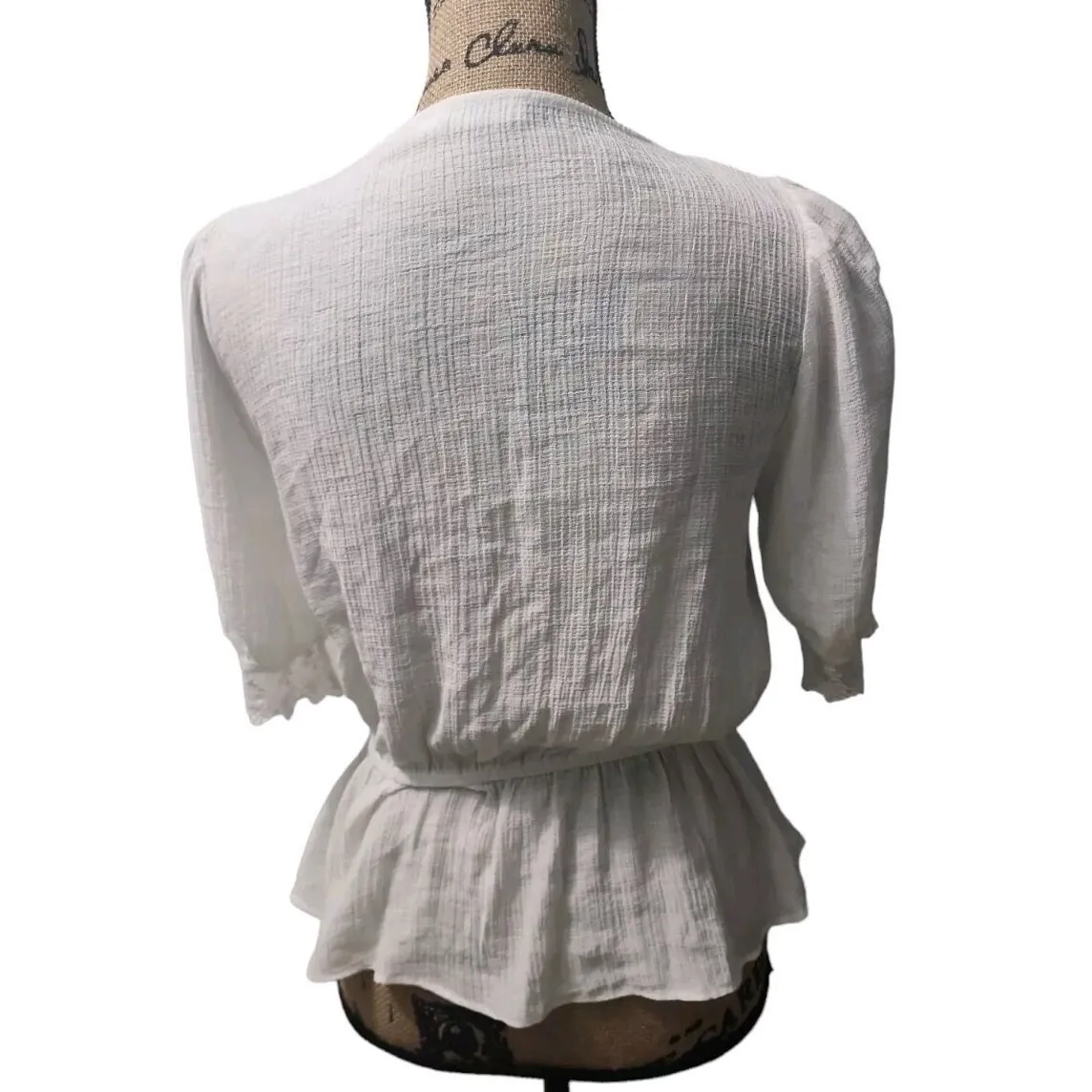 Lush White Wrap Blouse Lace Trim‎ Peplum Top Tie Waist 3/4 Sleeve - Image 2