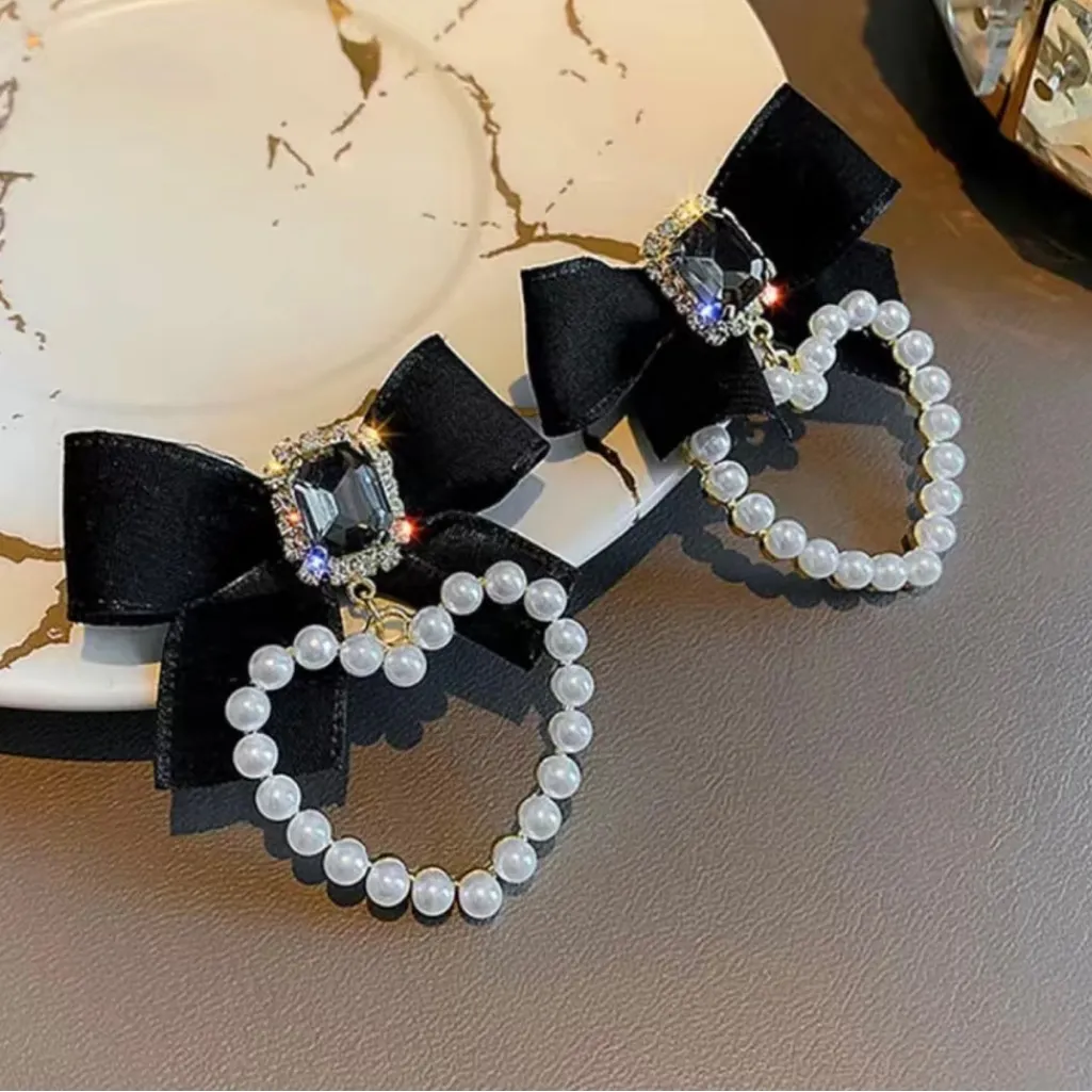 Fashion Black‎ Bow Heart Shaped Imitation Pearl Earrings Faux Fashion Jewelry Black - Image 3