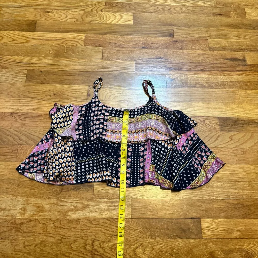 Raga Women’s XS Blue Pink Flower Star Ruffle Spaghetti Strap Babydoll Crop Top - Image 4