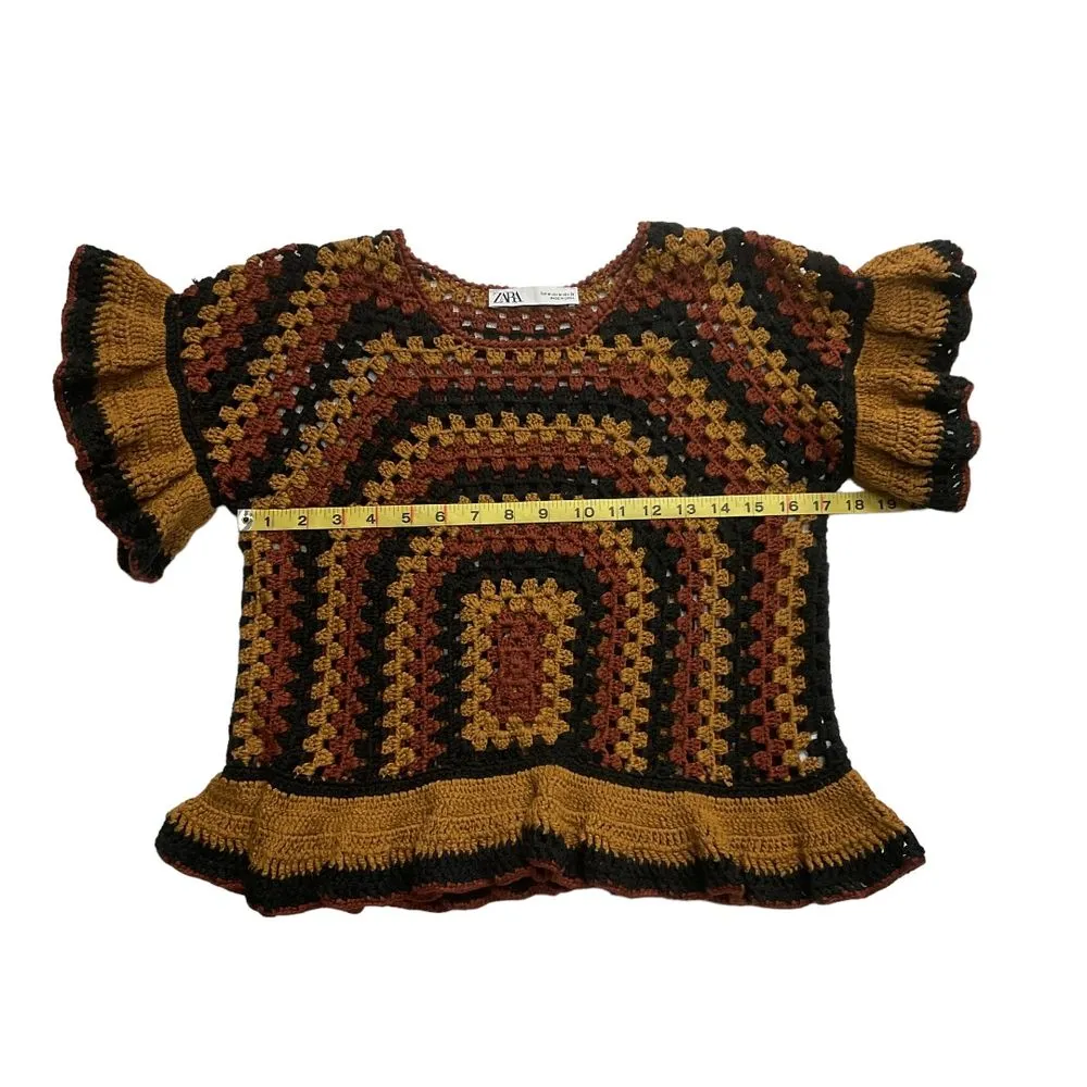 ZARA  Women's Brown Black‎ Ruffle Sleeve Crochet Boho Blouse Top Size Medium - Image 6
