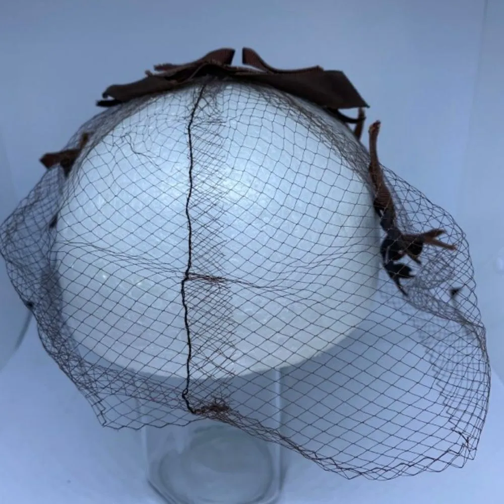 Vintage Brown Tulle Head Piece with Velvet Leaf Brown - Image 3