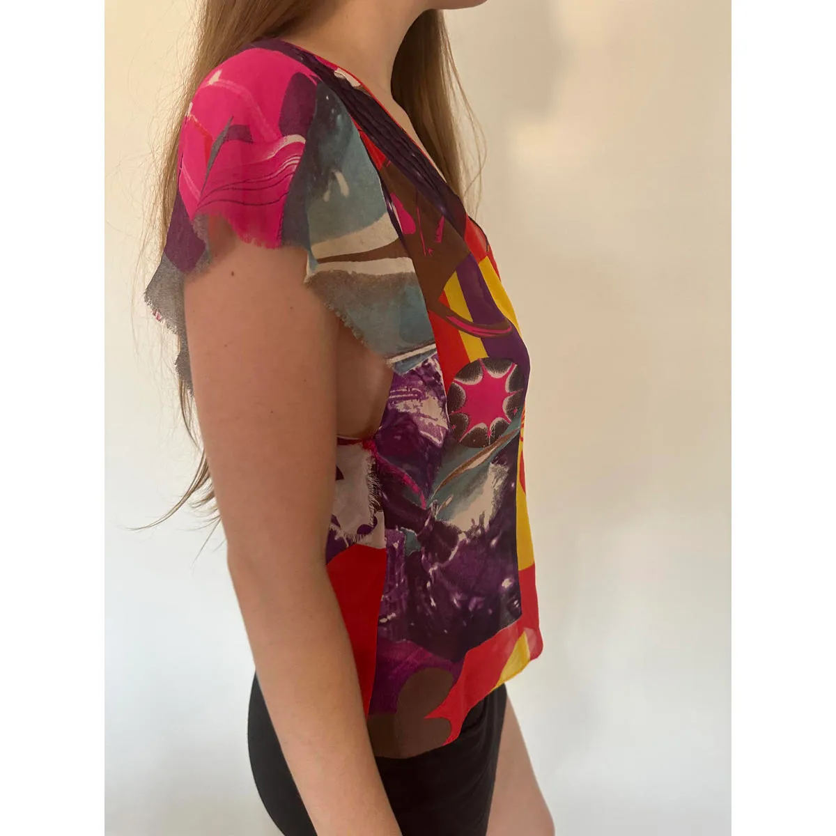 Christian Lacroiz Sheer Abstract Graphic Short Sleeve Silk Blouse - Image 6